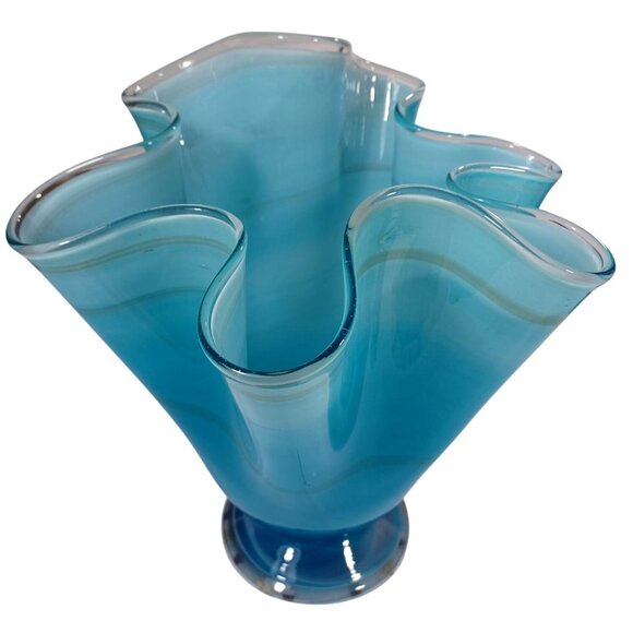 Hand Blown Ocean Waves Gradient Blue Art Glass Pedestal Vase Murano Vintage MCM - Picture 1 of 15